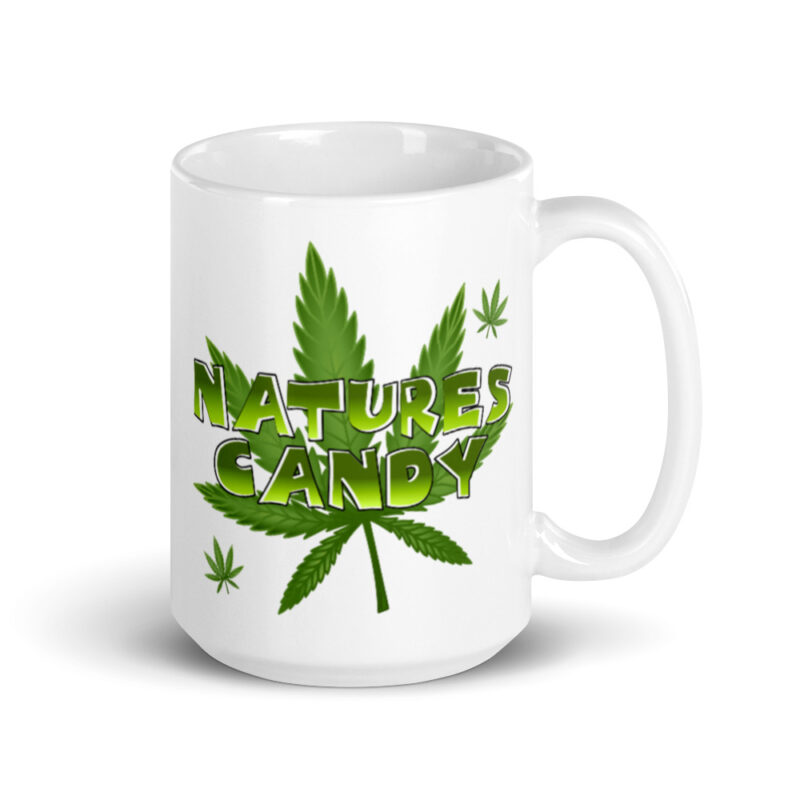 Nature’s Candy text and leaf White glossy mug